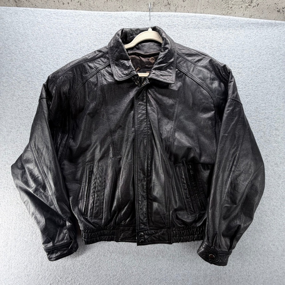 Byrnes & Baker Mens Black Genuine Leather Bomber Jacket Medium Long Vintage 90s